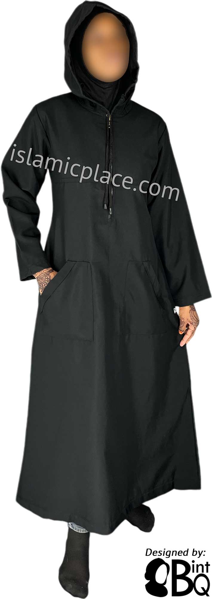 Black - Sakina Sporty Hooded Abaya in Gabardine by BintQ - BQ193