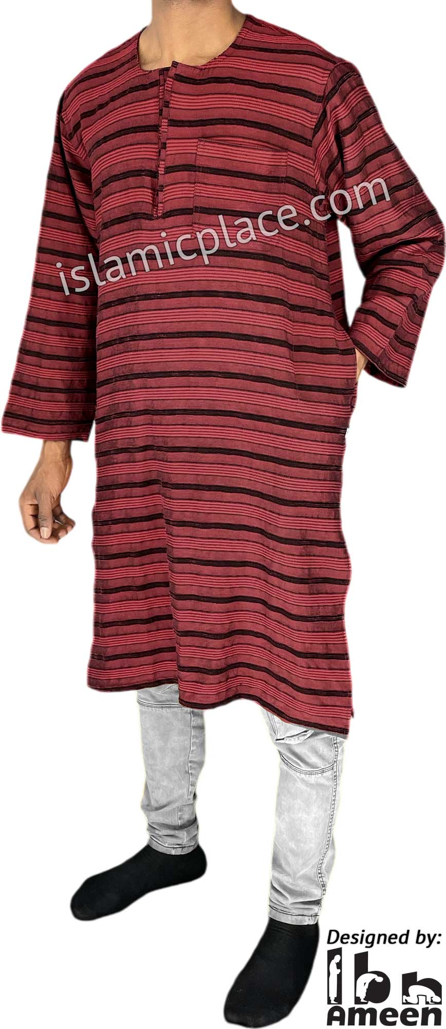 Brick Red and Black - Men Sudani Kameez Kurta Shirt by Ibn Ameen