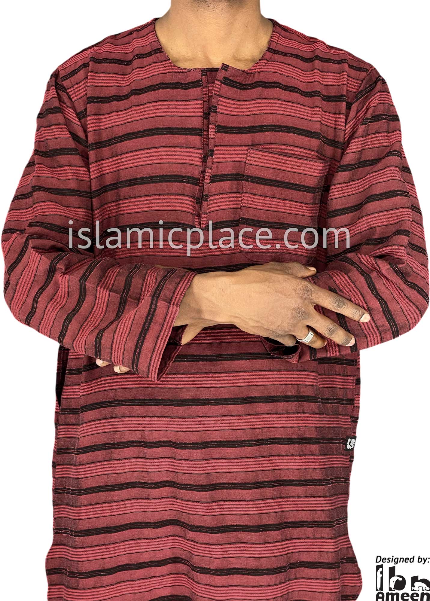 Brick Red and Black - Men Sudani Kameez Kurta Shirt by Ibn Ameen