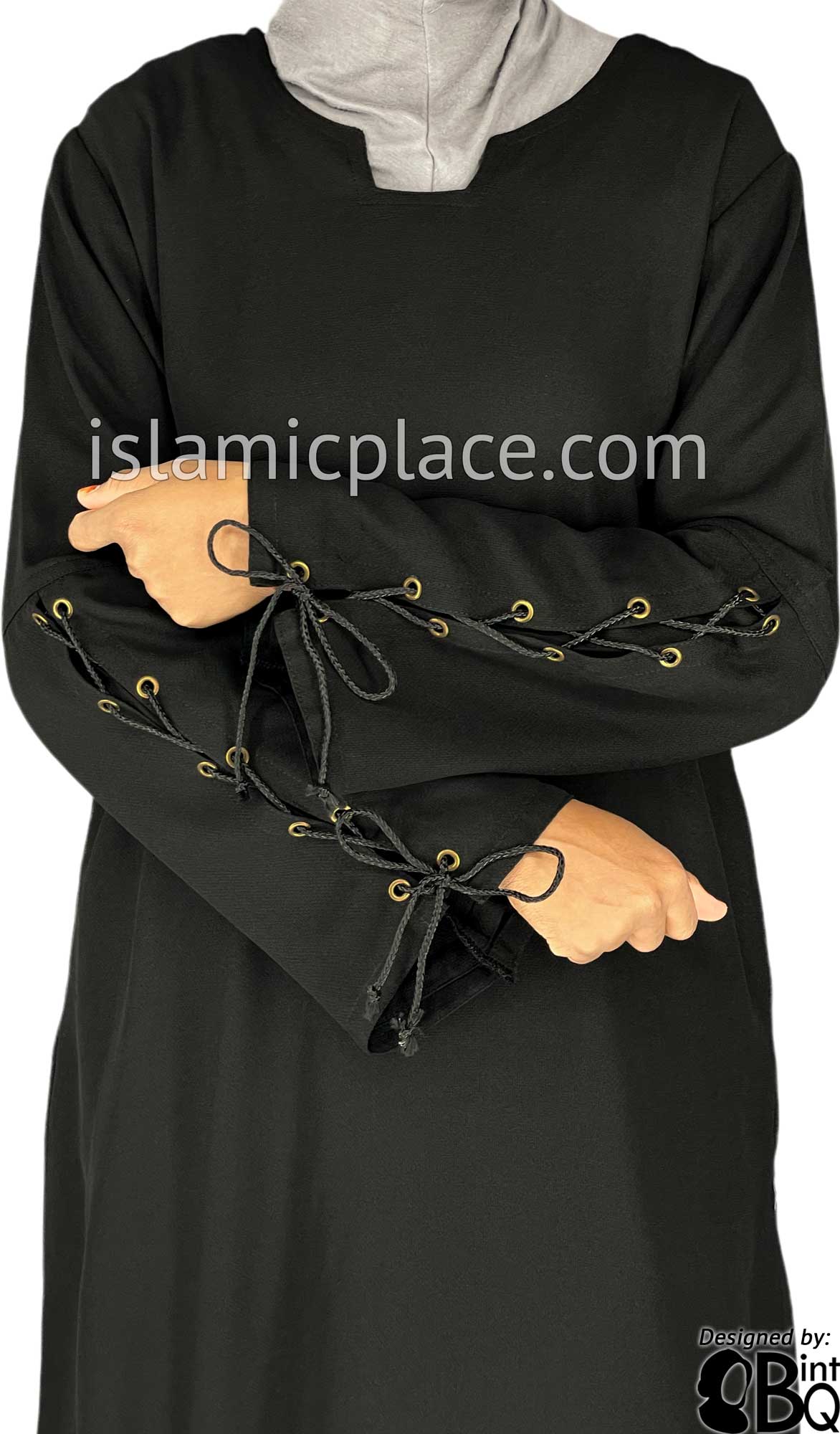 Black - Zeenat Abaya with Tie String Sleeves Style by BintQ - BQ131