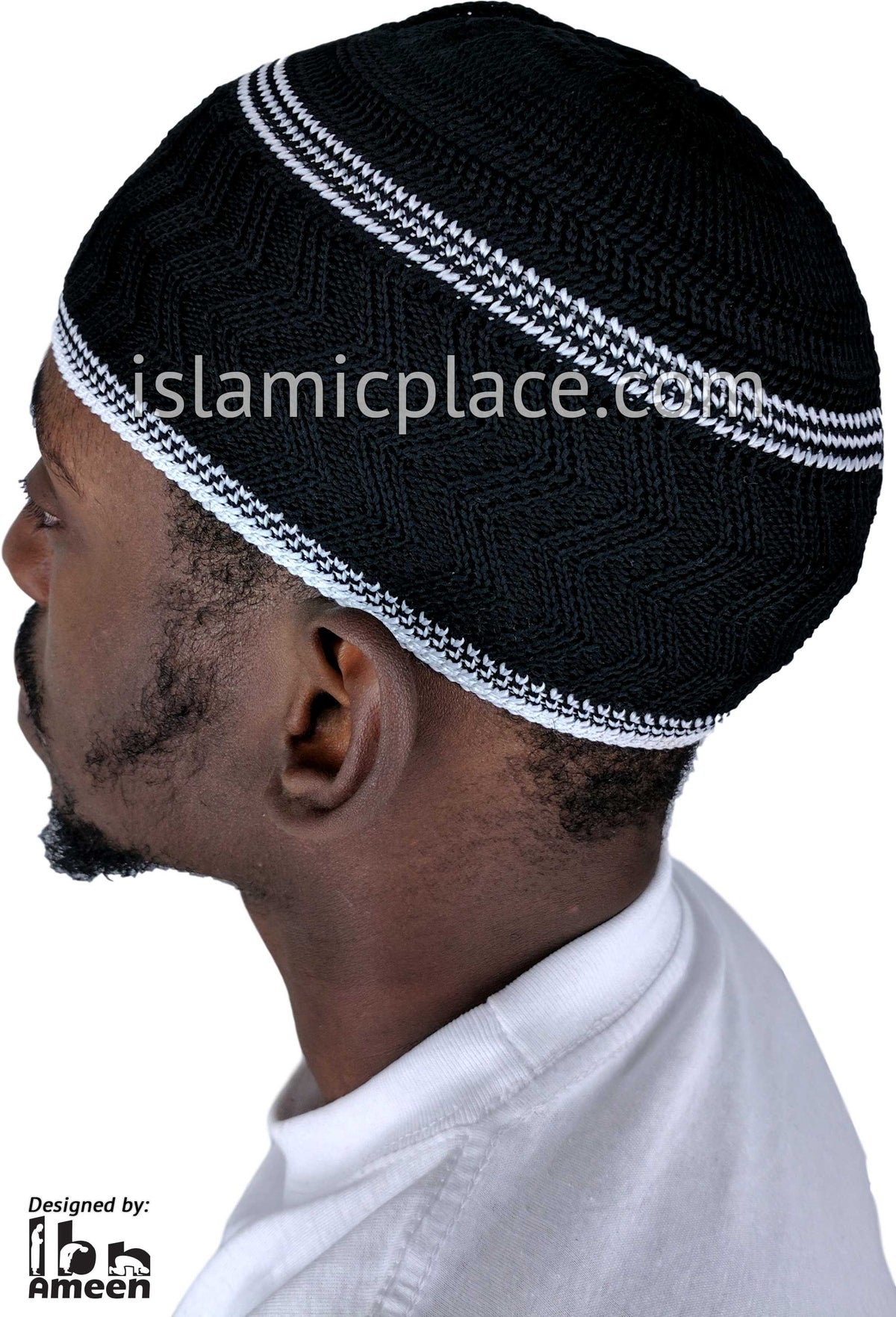 Black &amp; White - Elastic Knitted Ghani Designer Kufi