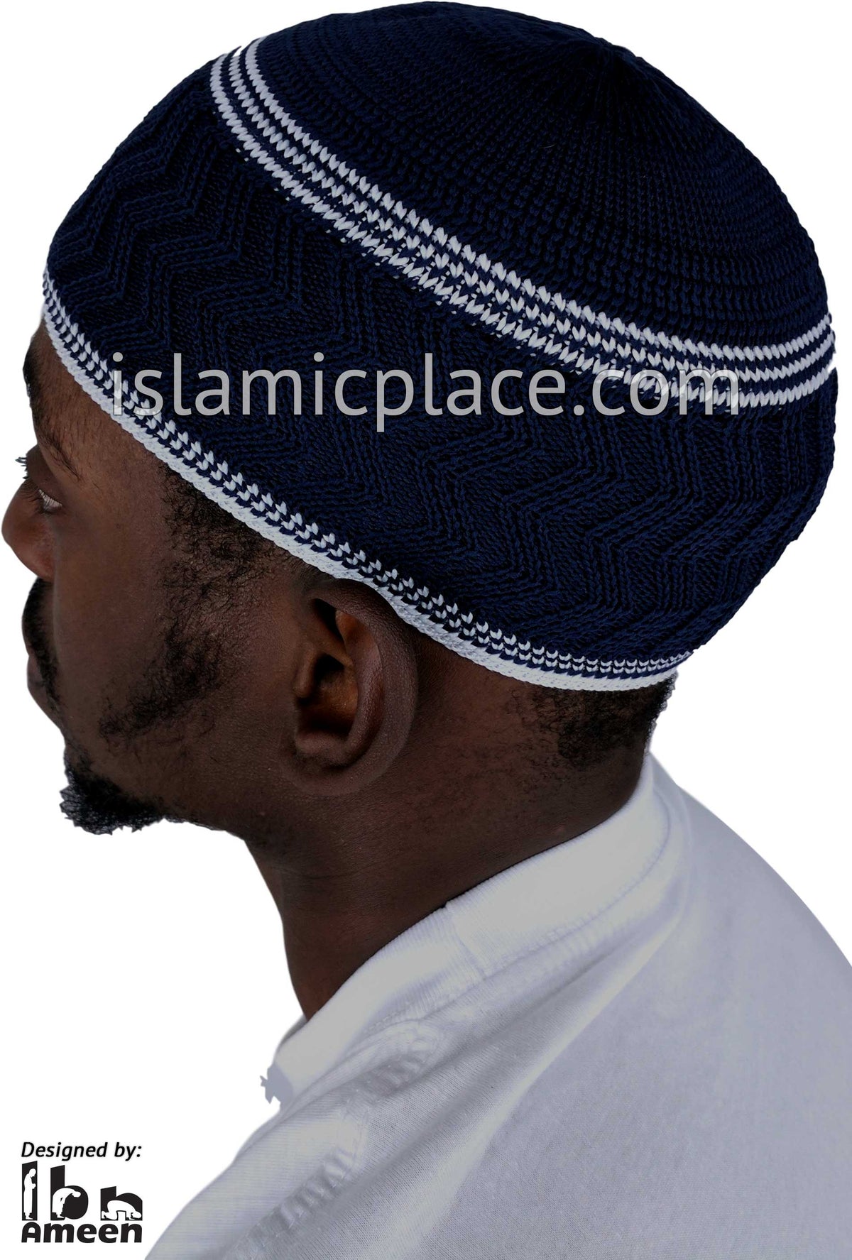 Navy Blue &amp; White - Elastic Knitted Ghani Designer Kufi