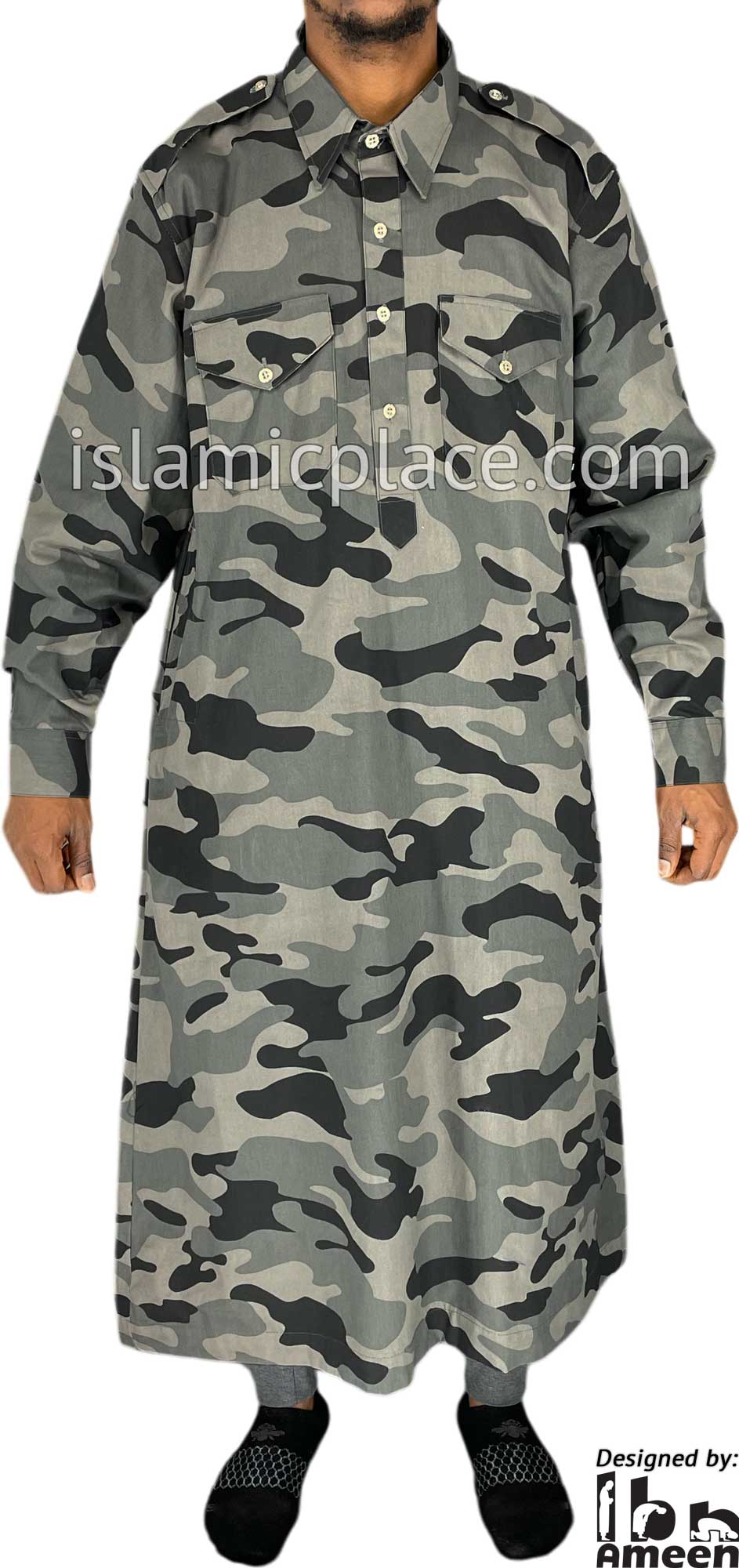 Gray Camouflage Army Fatigue - Daud Men Military Style Thob by Ibn Ameen - IA11