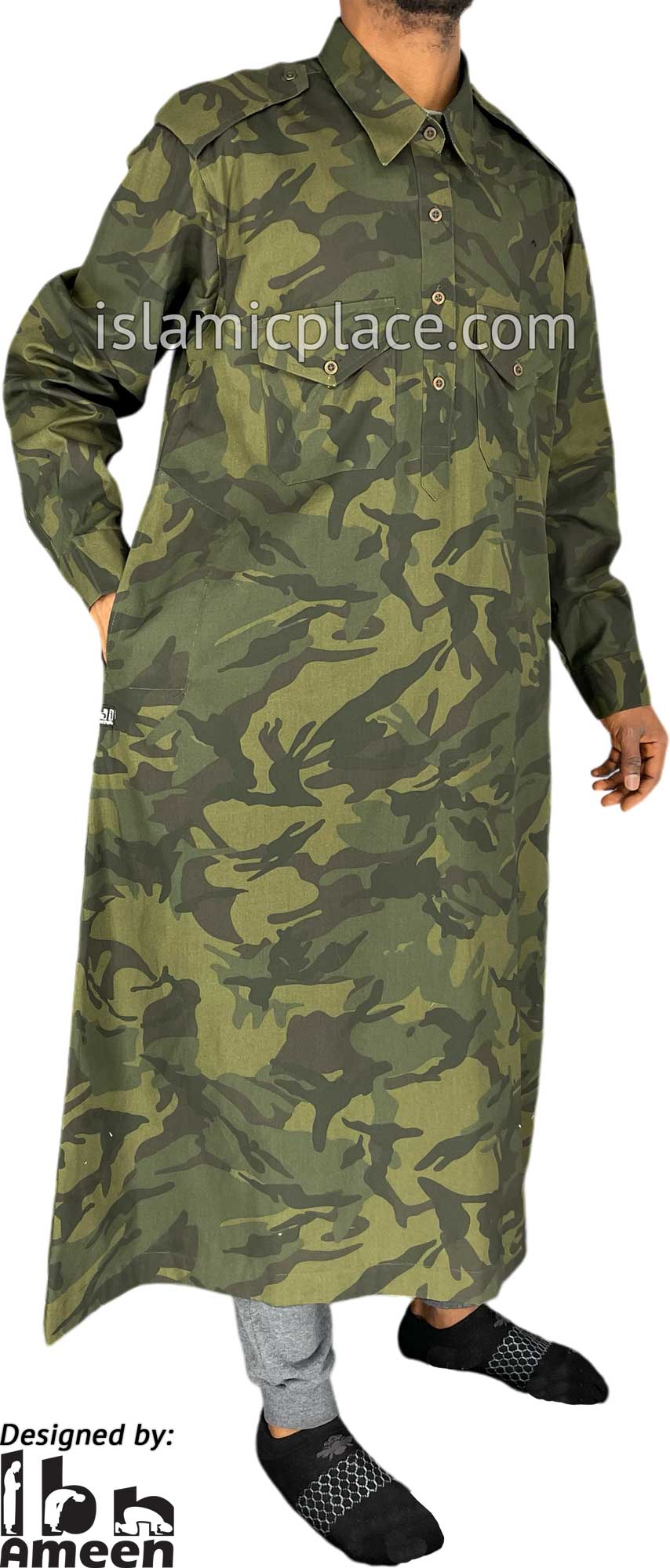 Olive Green Camouflage Army Fatigue - Daud Men Military Style Thob by Ibn Ameen - IA11