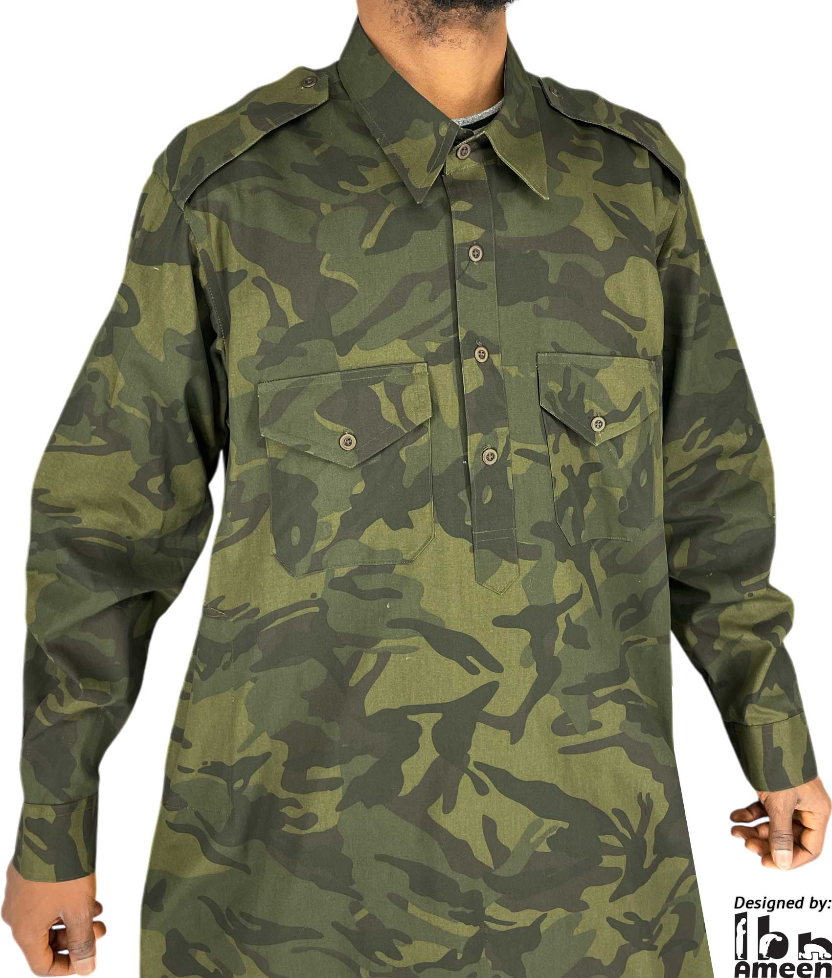 Olive Green Camouflage Army Fatigue - Daud Men Military Style Thob by Ibn Ameen - IA11