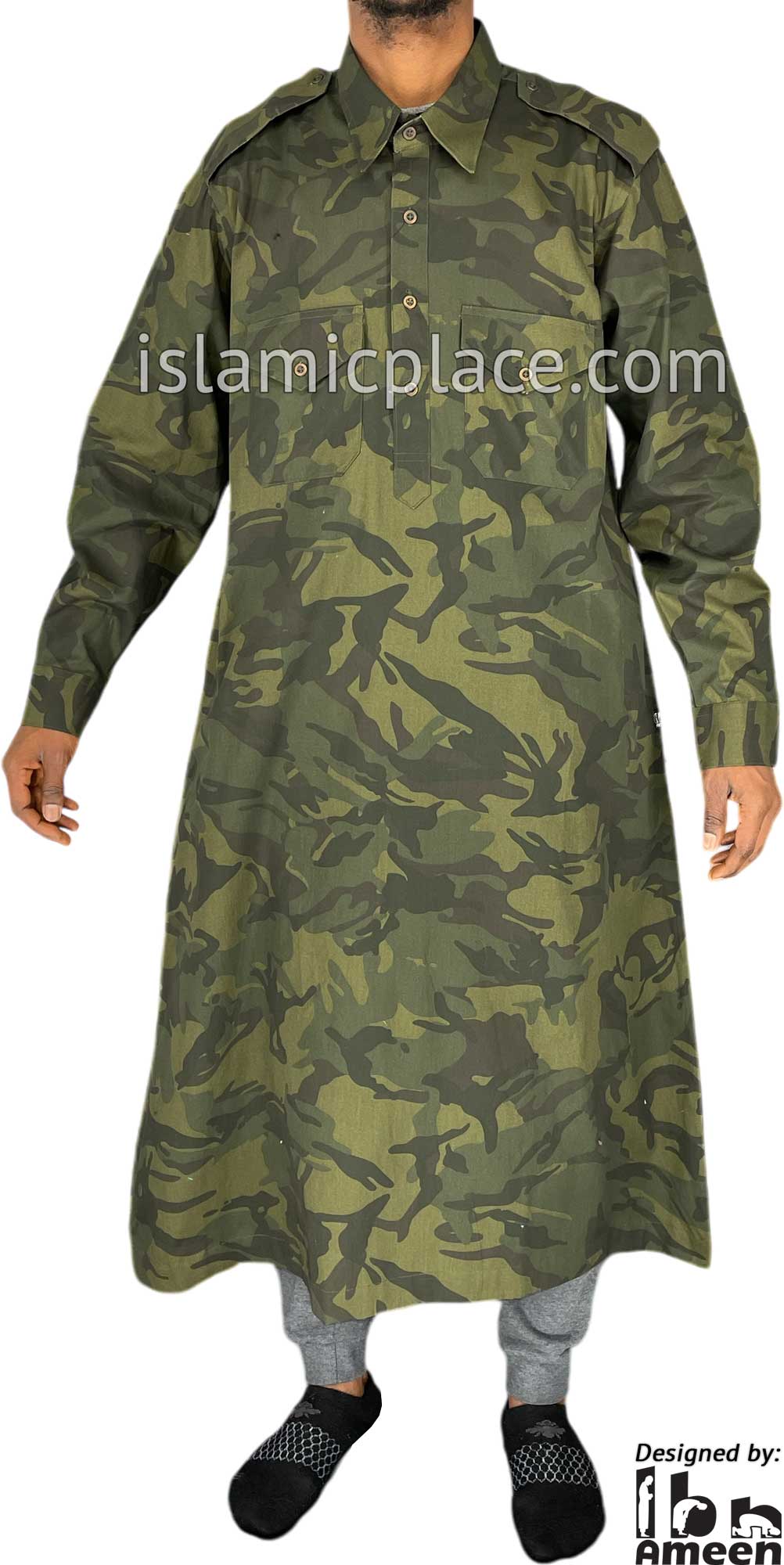 Olive Green Camouflage Army Fatigue - Daud Men Military Style Thob by Ibn Ameen - IA11