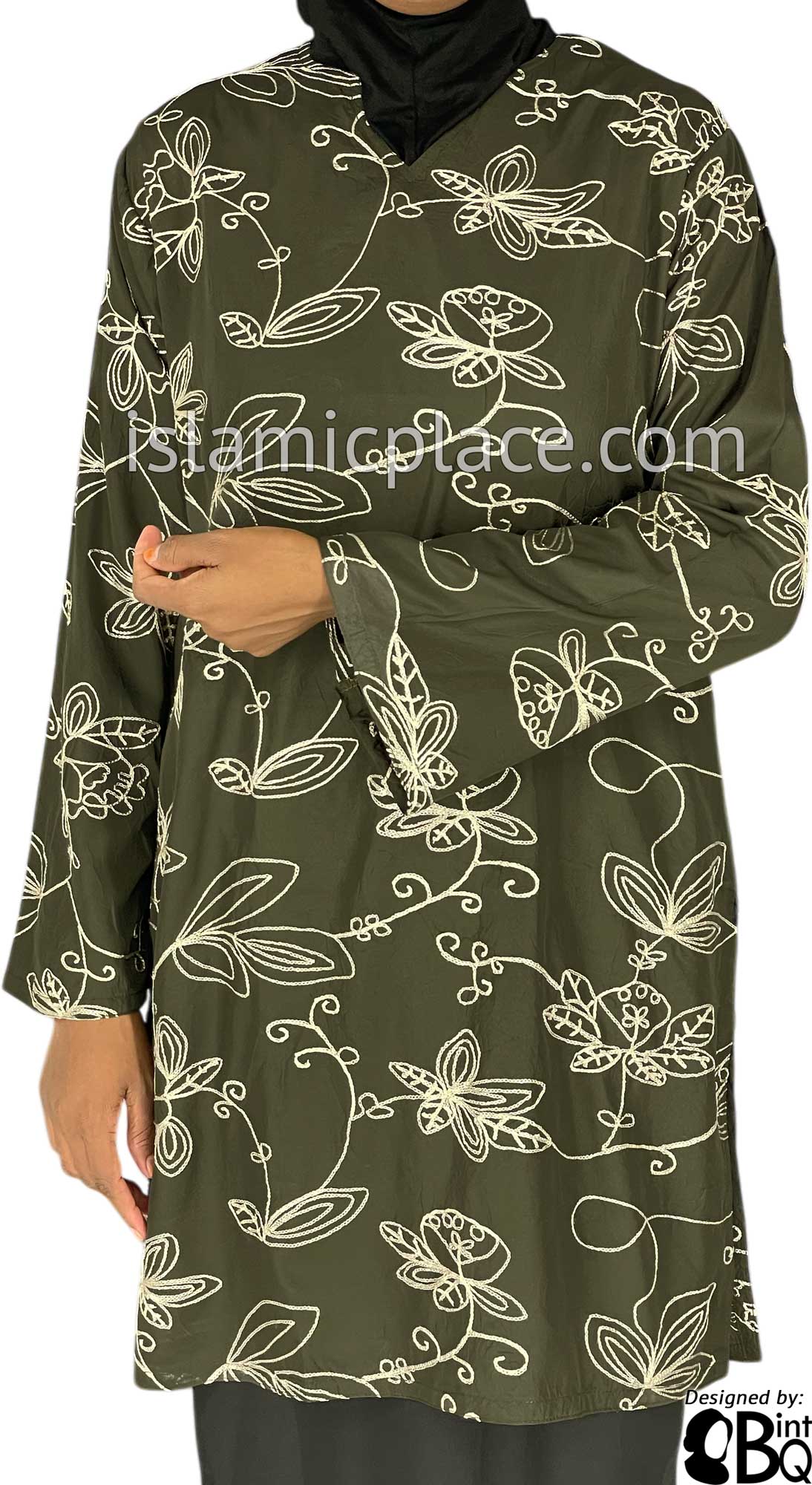 Olive Green and Cream - Alia Style Kameez Tunic Top by BintQ with Chain Stitch Embroidery - BQ120