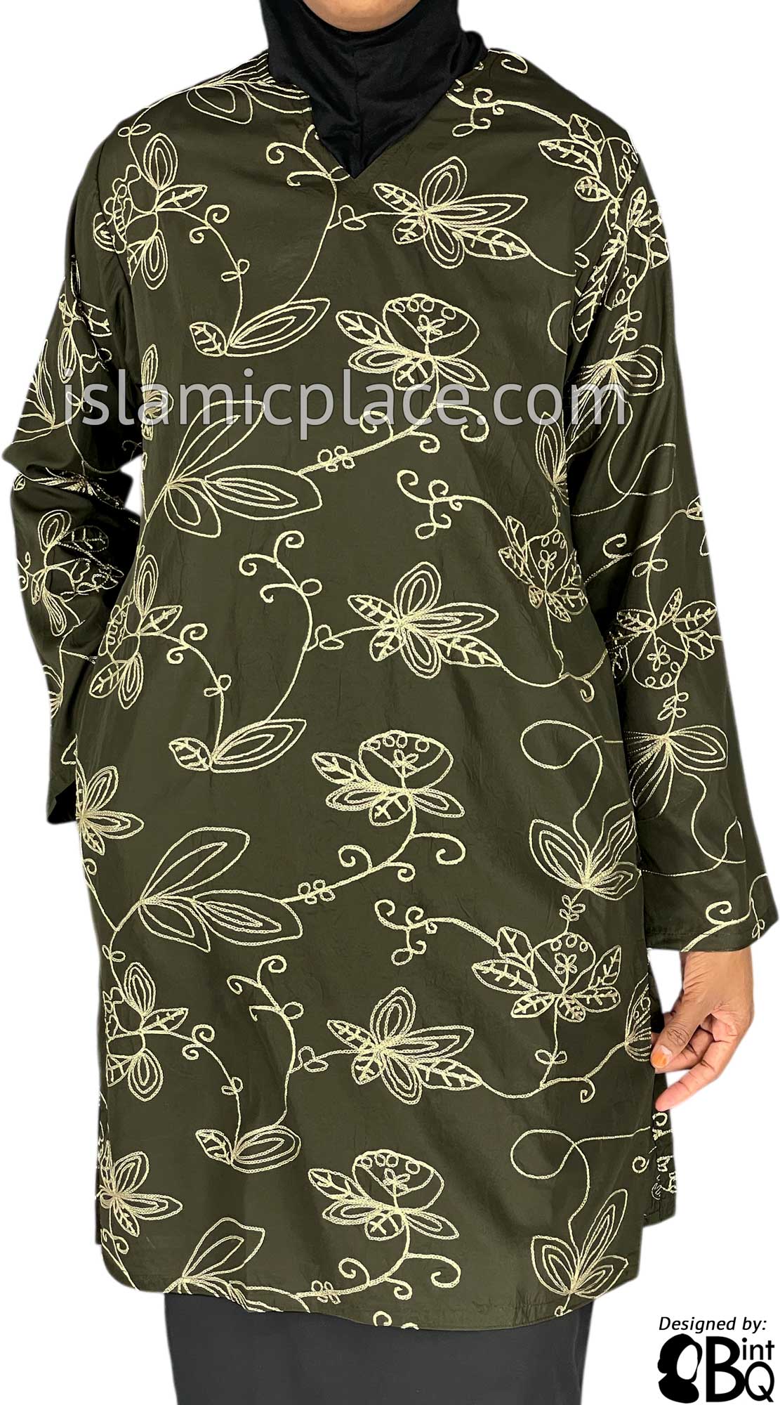 Olive Green and Cream - Alia Style Kameez Tunic Top by BintQ with Chain Stitch Embroidery - BQ120