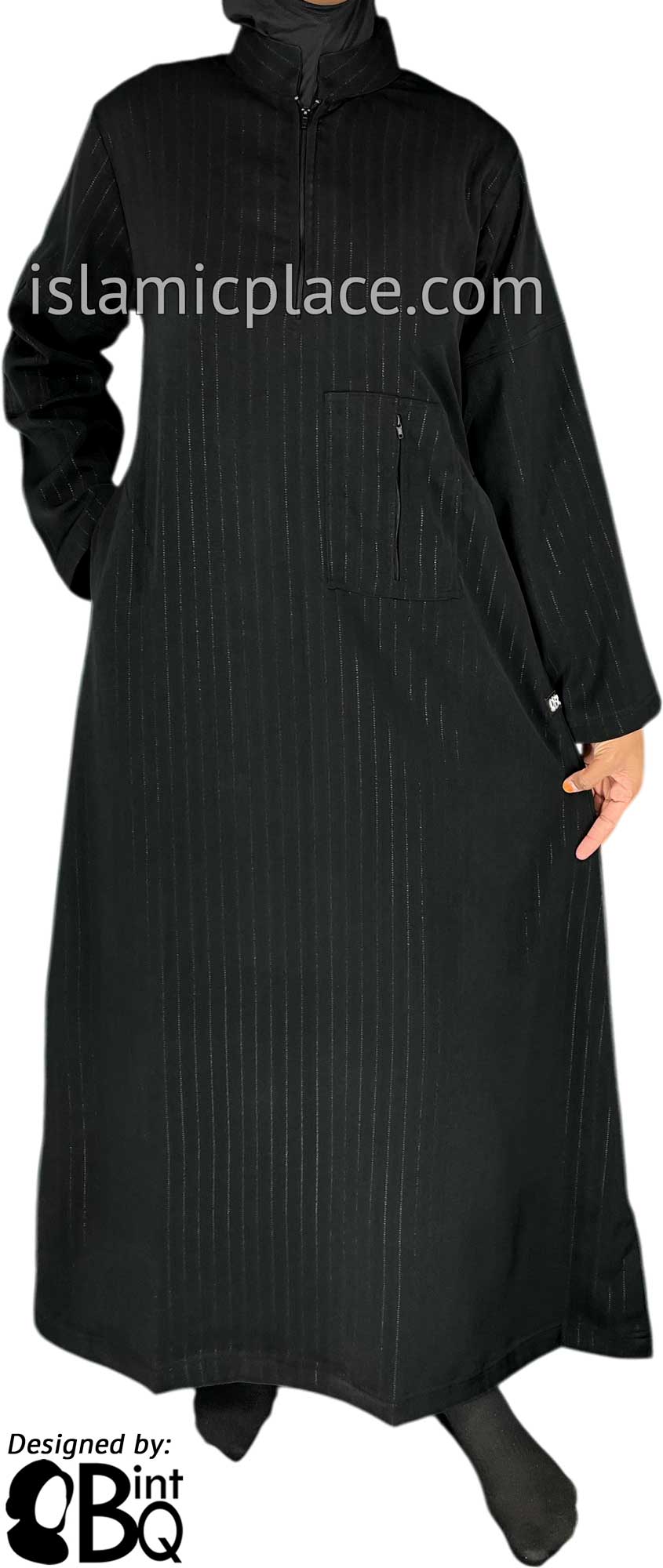 Black - Zaitoon Zipper Pocket Style Abaya with Silver Pinstripe Fabric by BintQ - BQ71