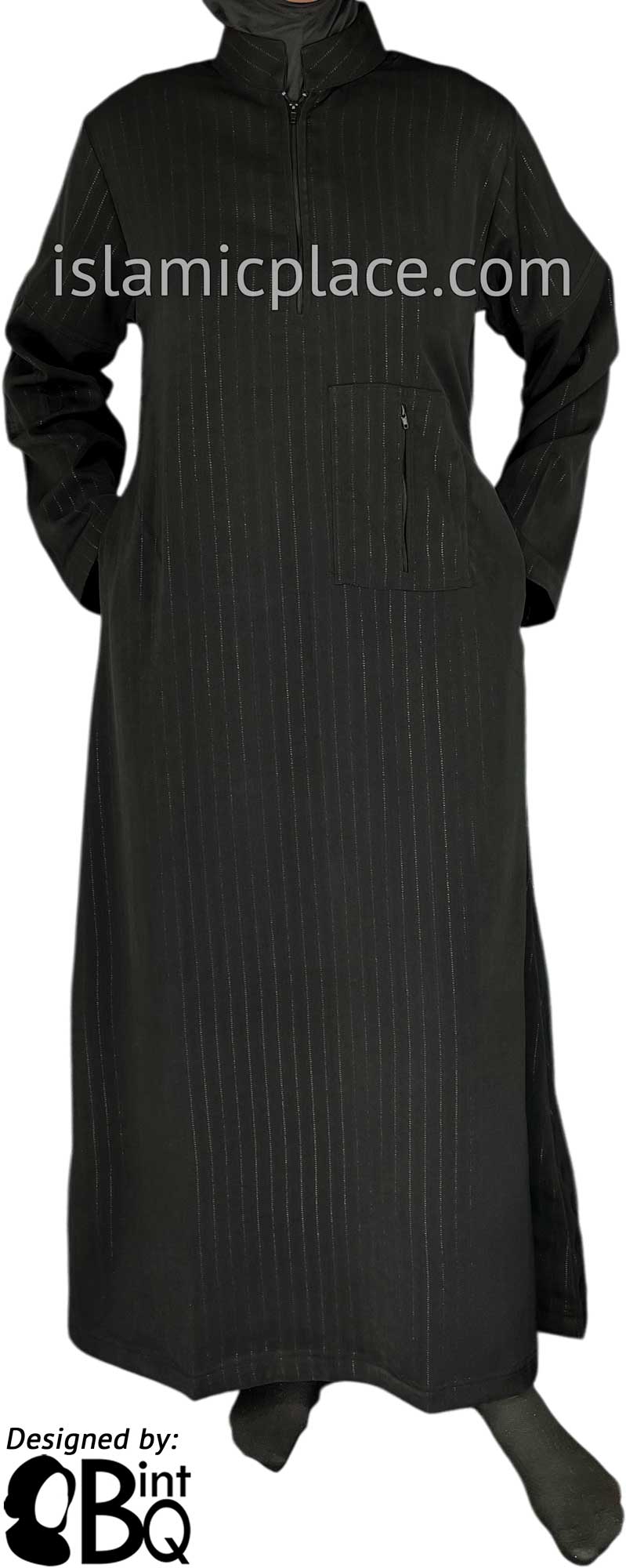 Black - Zaitoon Zipper Pocket Style Abaya with Silver Pinstripe Fabric by BintQ - BQ71