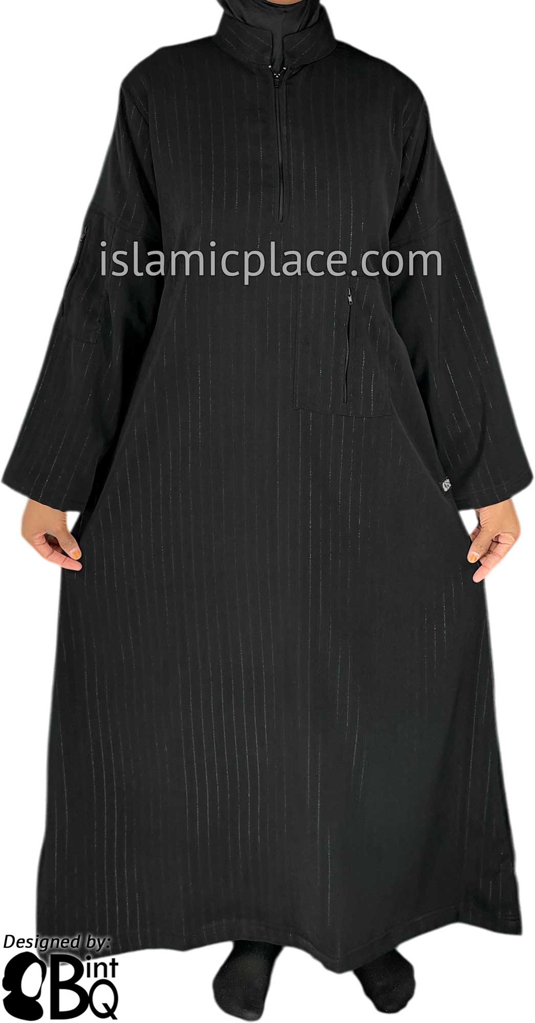 Black - Zaitoon Zipper Pocket Style Abaya with Silver Pinstripe Fabric by BintQ - BQ71