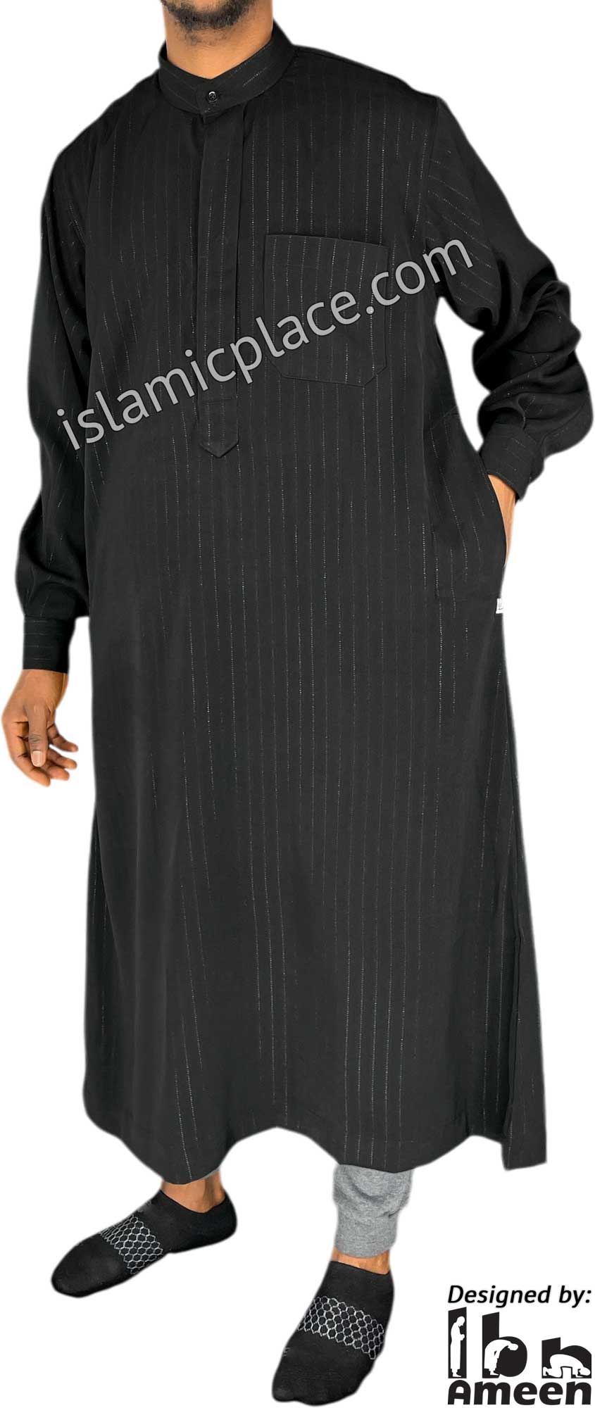 Black - Men Saudi Ad-Daffah LT Thob with Silver Pinstripe Fabric by Ibn Ameen - IA3