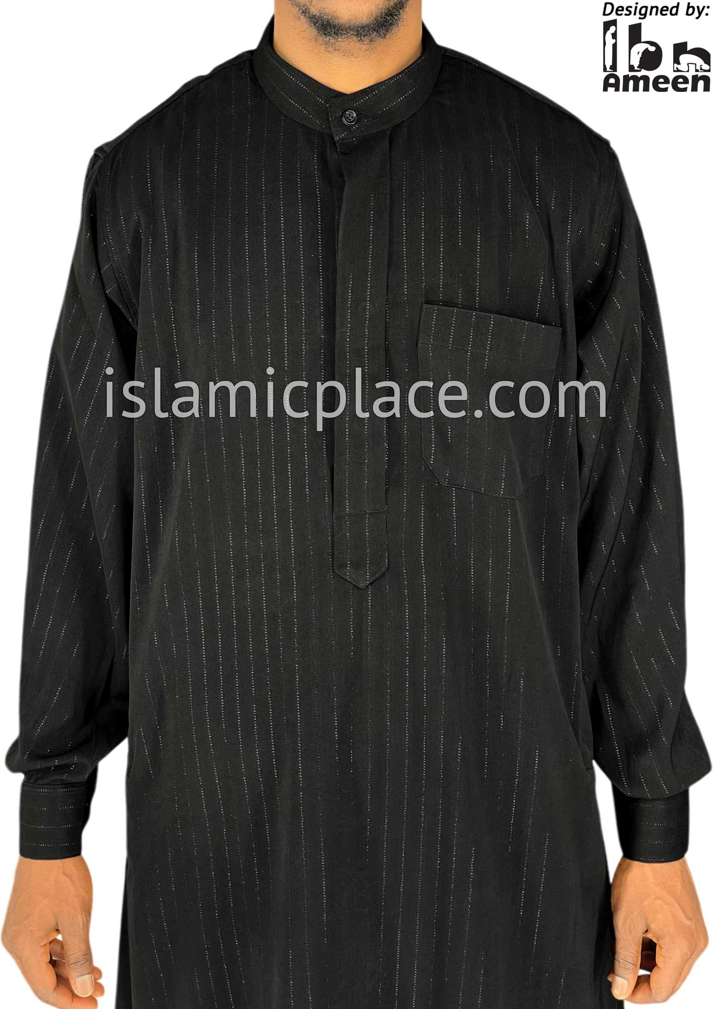 Black - Men Saudi Ad-Daffah LT Thob with Silver Pinstripe Fabric by Ibn Ameen - IA3