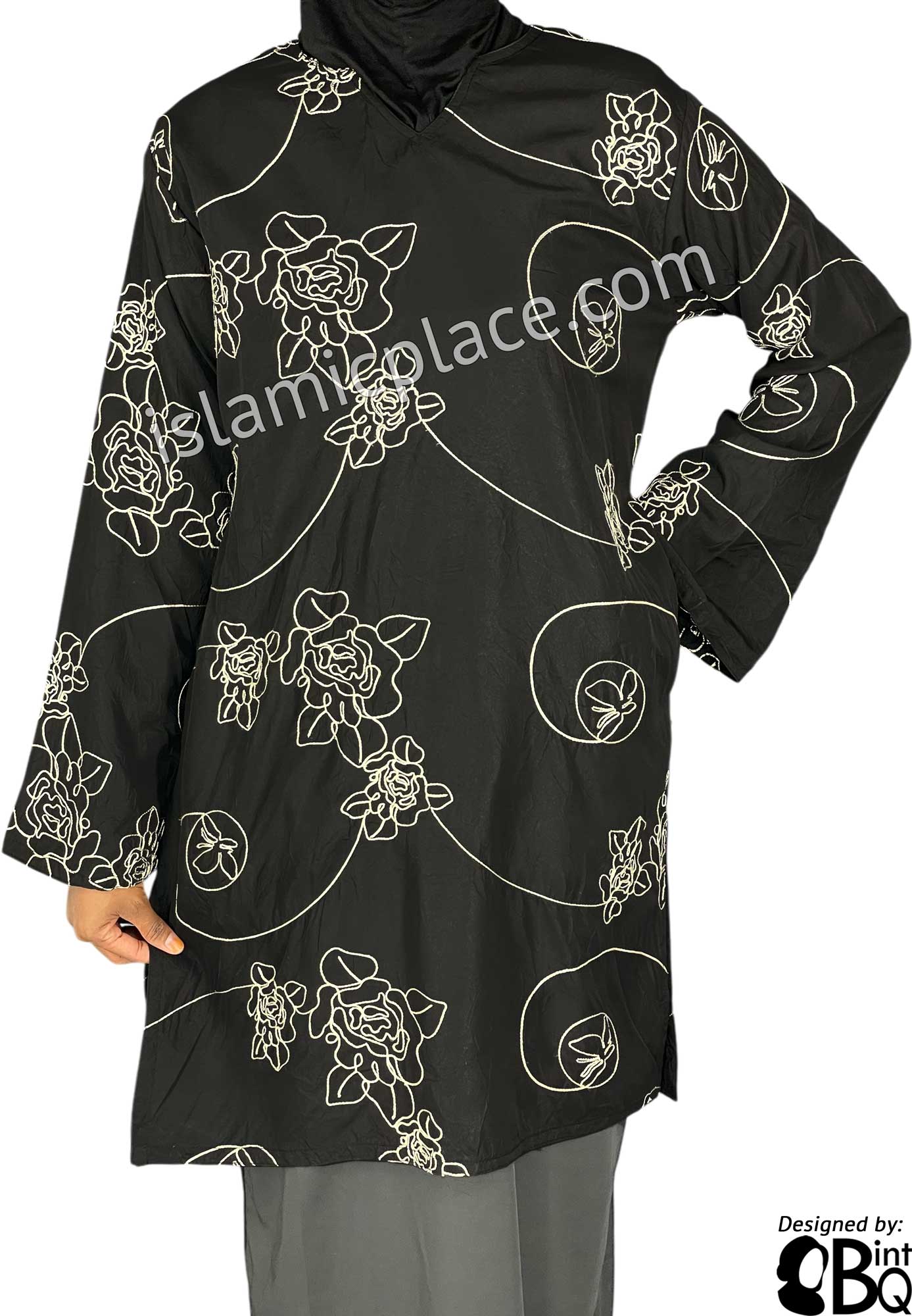 Black and Cream - Alia Style Kameez Tunic Top by BintQ with Chain Stitch Embroidery - BQ120