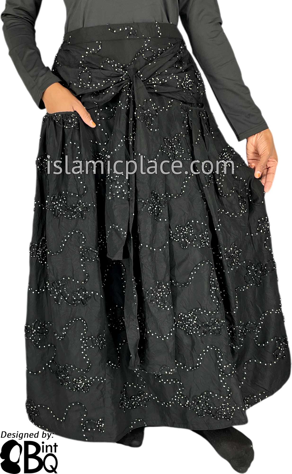 Black and White - Lubna Style Desinger Skirt by BintQ with Polka Dot Ribbon - BQ121