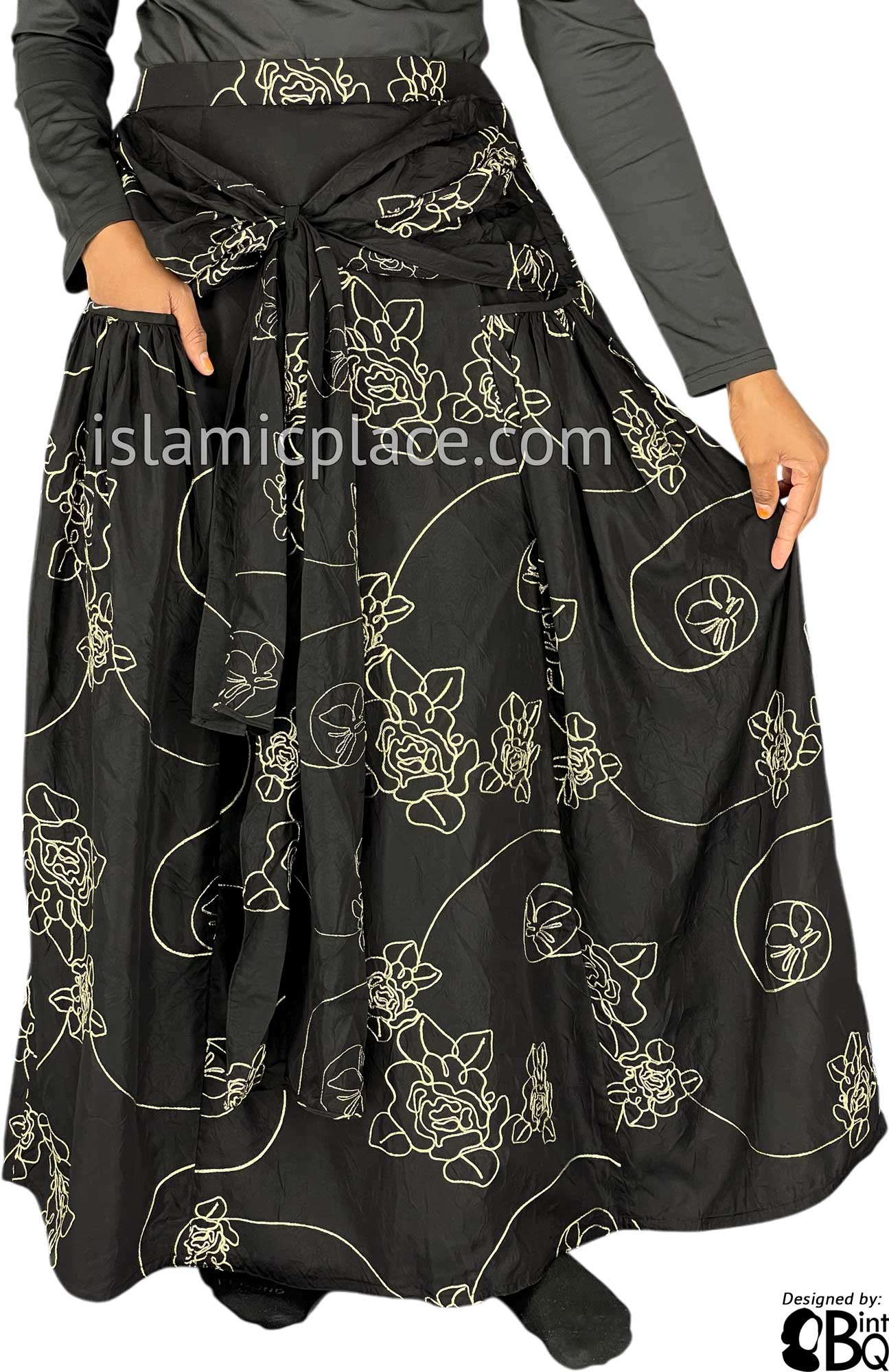 Black and Cream - Lubna Style Desinger Skirt by BintQ with Chain Stitch Embroidery  - BQ121