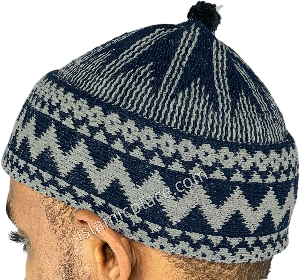 Navy Blue &amp; Gray - Warm Knitted Talib Zigzag Style Kufi