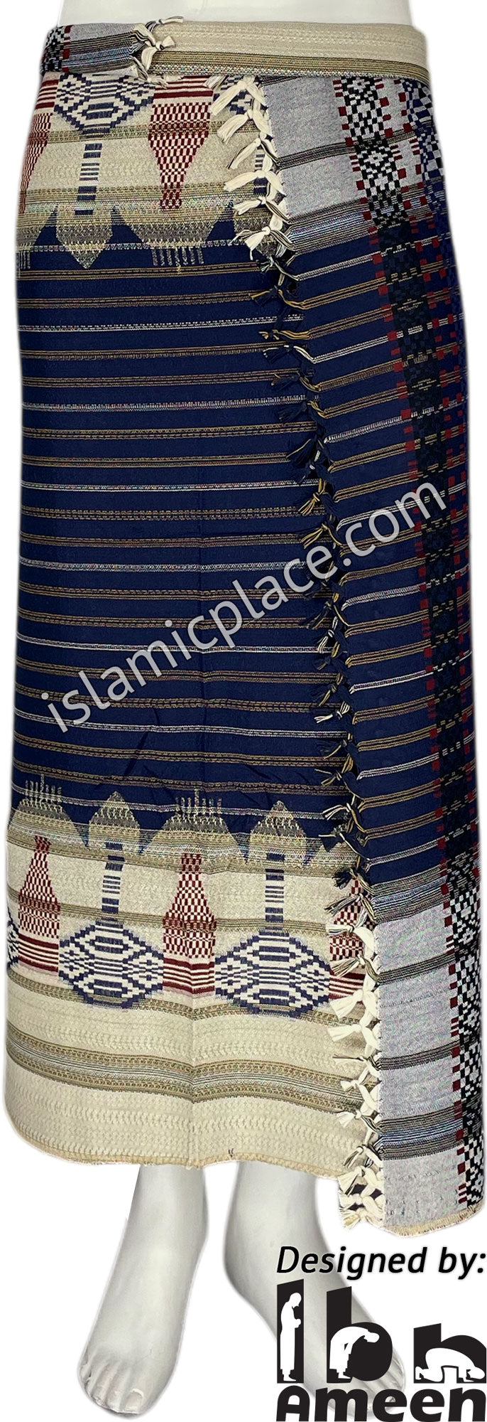 Oatmeal, Navy Blue and Burgundy - Ghani Design Men Yemeni Lungi Izzar