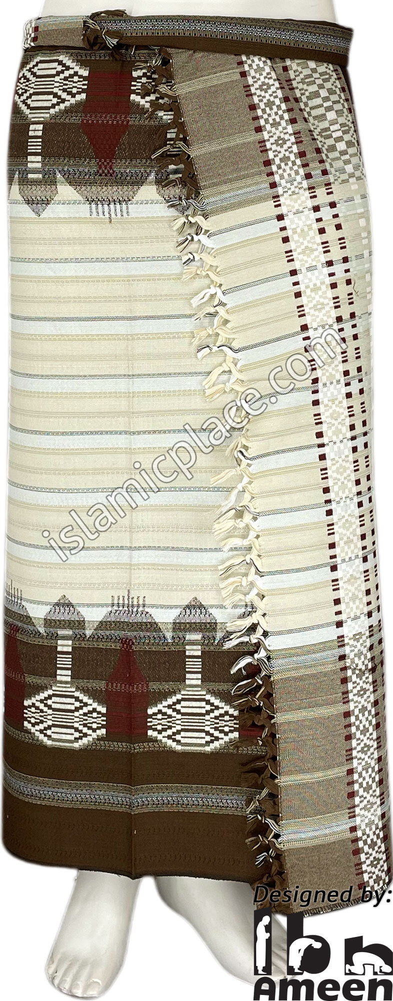 Off White and Brown - Ghani Design Men Yemeni Lungi Izzar