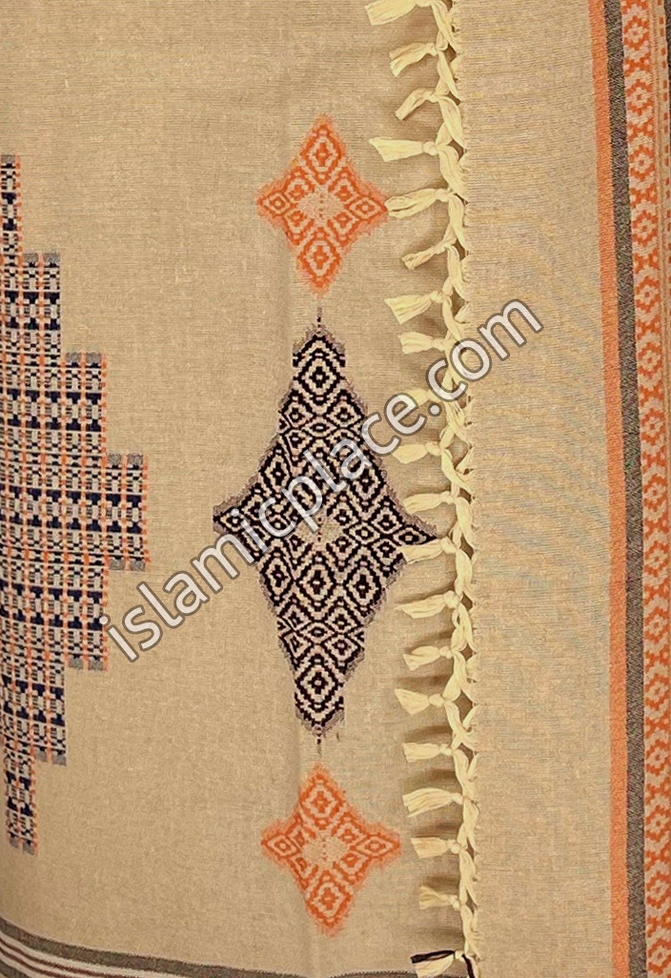 Beige, Navy Blue and Orange - Osman Design Men Yemeni Lungi Izzar