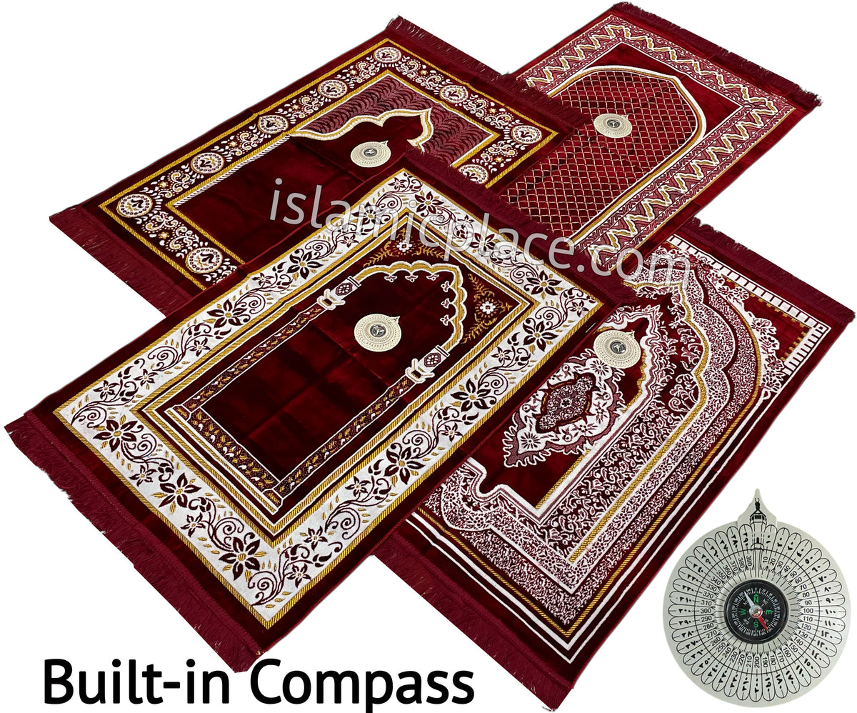 Burgundy - Thick Velvet Prayer Rug with Compass