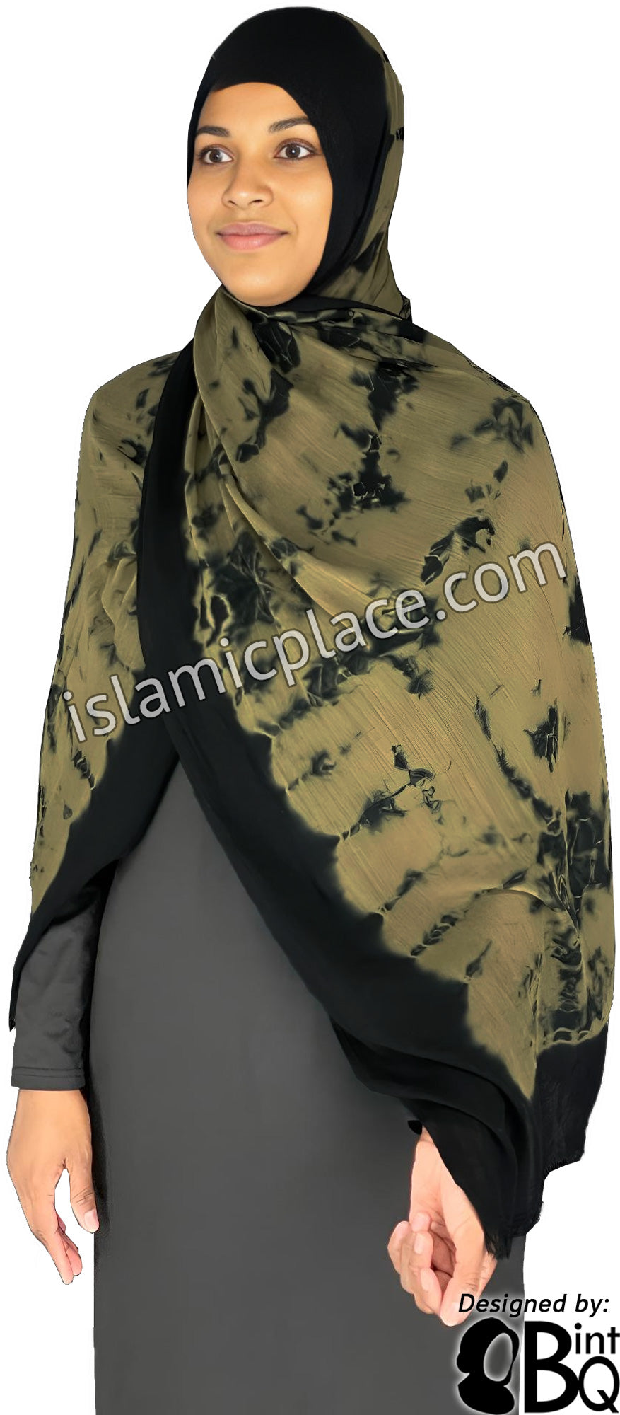 Taupe with Black Border - Afrocentric Ripple Tie Dye Pattern Modal Printed Shayla Long Rectangle  Hijab 30&quot;x72&quot;