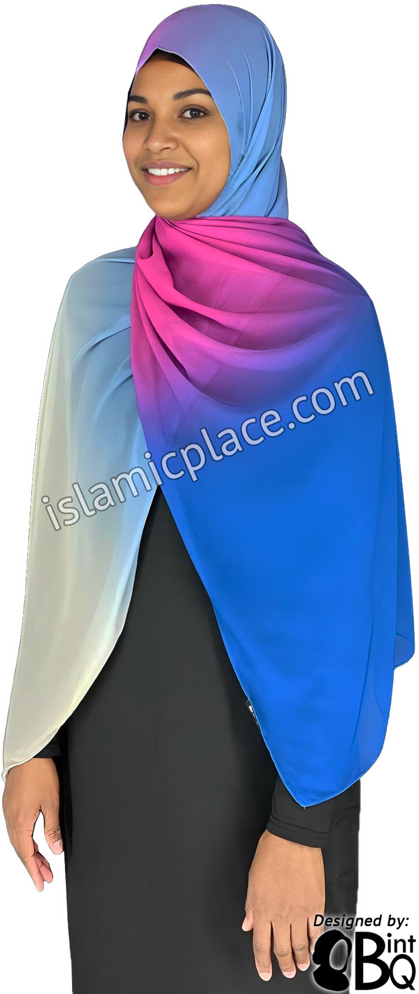 Navy Blue, Cabaret, Sky Blue and Off White - G4 Ombre Dye Georgette Shayla Long Rectangle Hijab 28&quot;x70&quot;