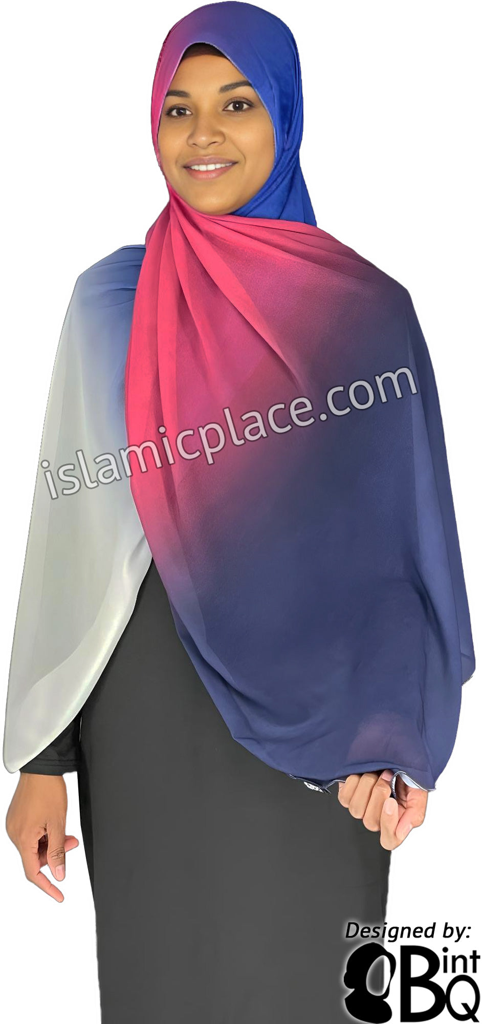 Navy Blue, Pink, Royal Blue and Off-White - G4 Ombre Dye Georgette Shayla Long Rectangle Hijab 28&quot;x70&quot;