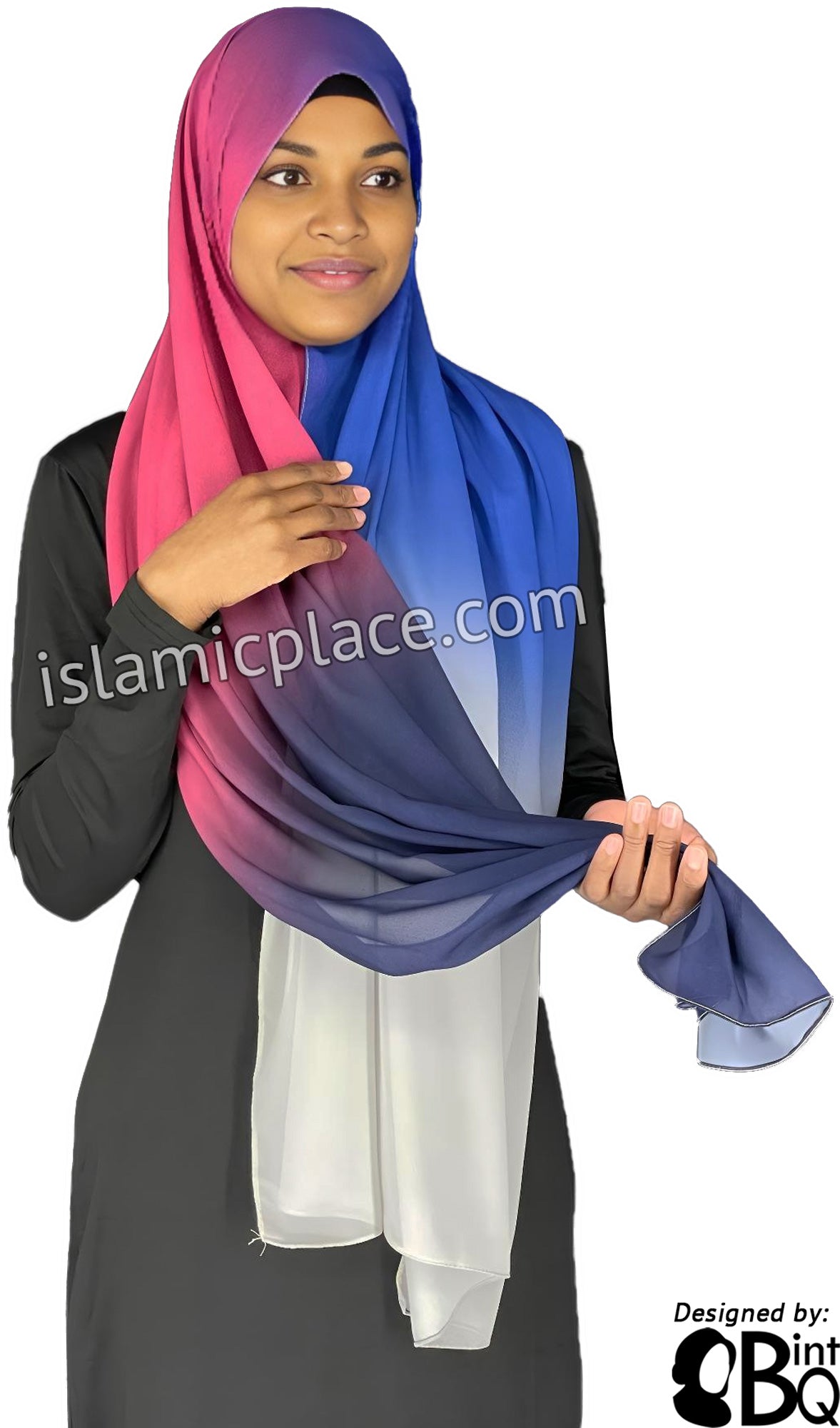 Navy Blue, Pink, Royal Blue and Off-White - G4 Ombre Dye Georgette Shayla Long Rectangle Hijab 28"x70"