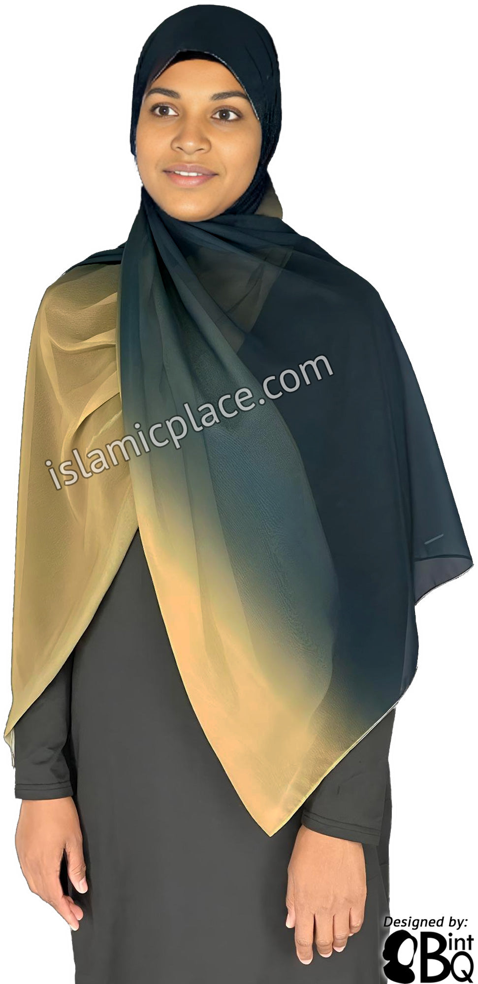 Navy Blue and Mustard Yellow - G2 Ombre Dye Georgette Shayla Long Rectangle Hijab 28&quot;x70&quot;