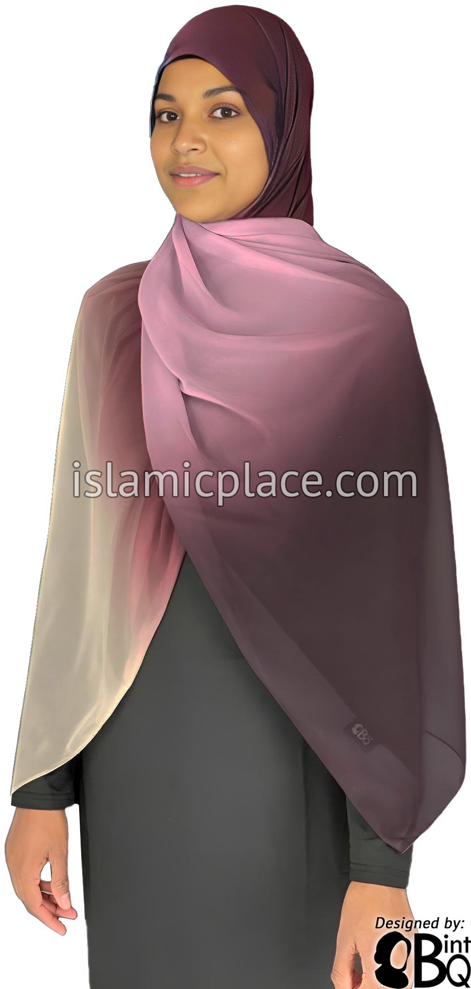 Shades of Plum and Cream - G4 Ombre Dye Georgette Shayla Long Rectangle Hijab 28&quot;x70&quot;