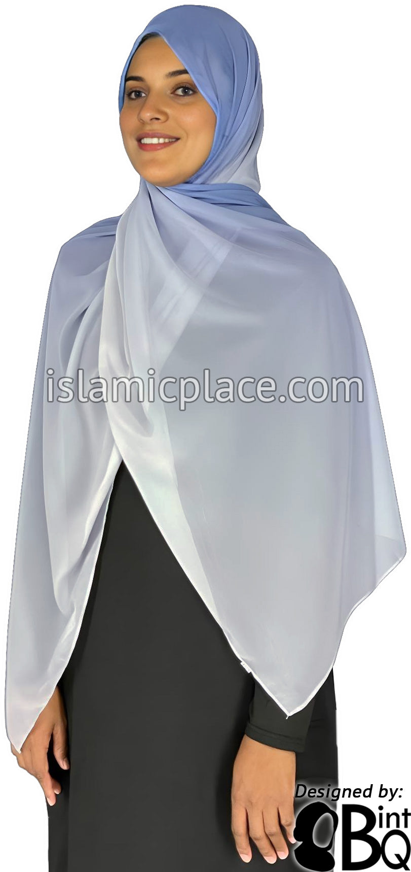 Silver Gray and Steel Blue - G2 Ombre Dye Georgette Shayla Long Rectangle Hijab 28&quot;x70&quot;