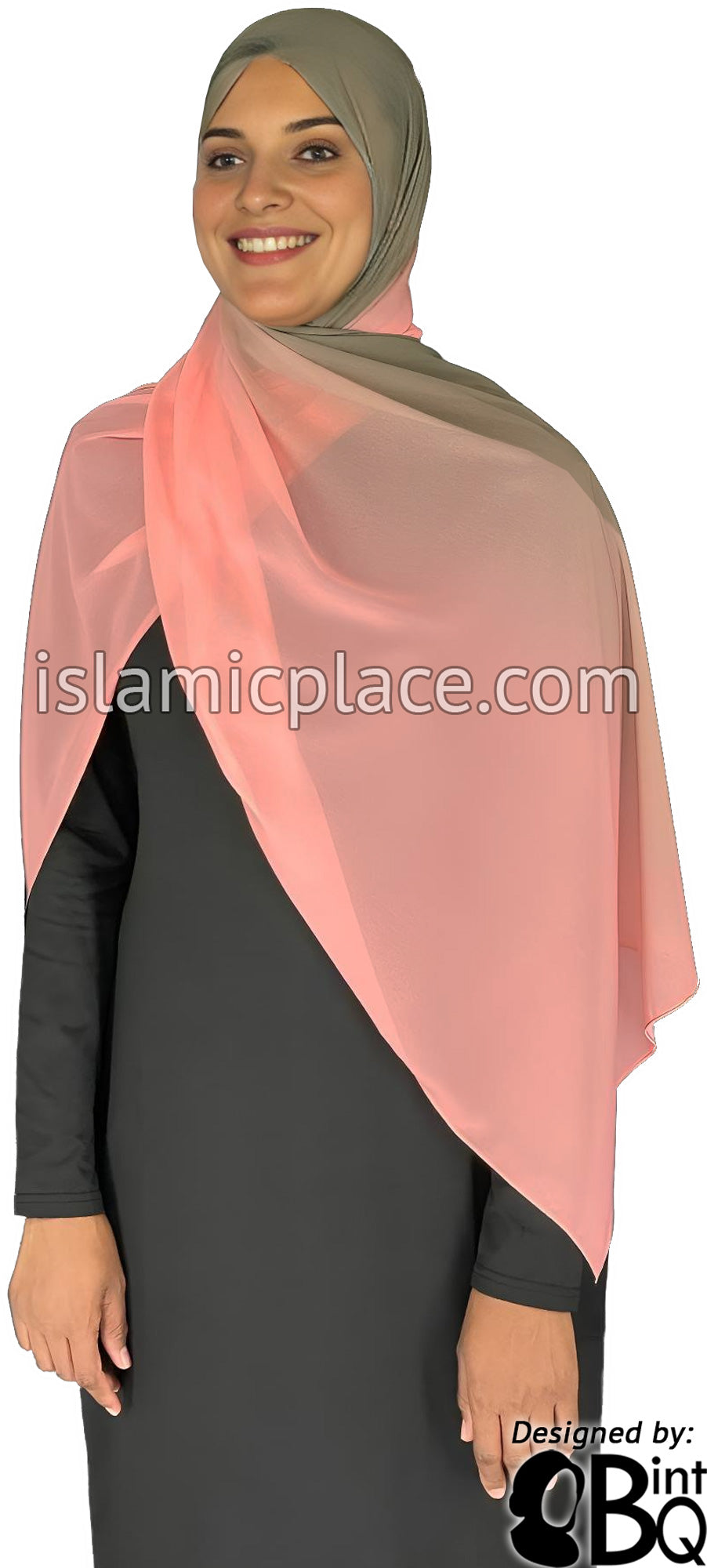 Olive Green and Coral - G2 Ombre Dye Georgette Shayla Long Rectangle Hijab 28&quot;x70&quot;