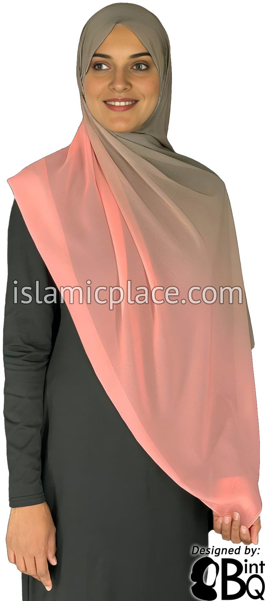 Olive Green and Coral - G2 Ombre Dye Georgette Shayla Long Rectangle Hijab 28"x70"