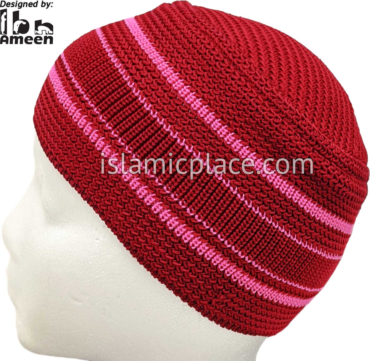 Burgundy with Pink - Elastic Knitted Hassan Designer Kufi