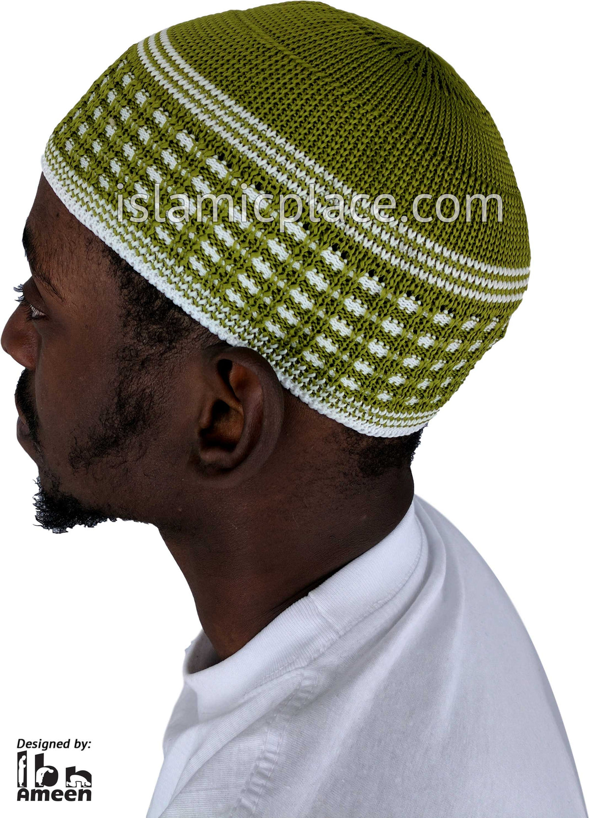 Light Olive Green &amp; White - Elastic Knitted Ameen Designer Kufi