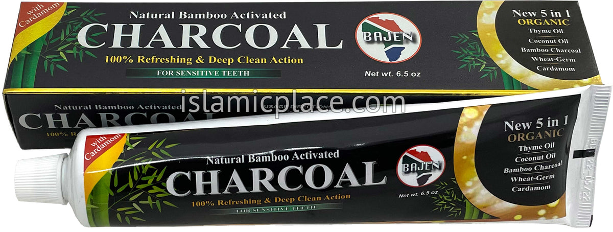 Charcoal Toothpaste - 5 in 1 (Thyme Oil, Coconut Oil, Bamboo Charcoal, Wheat Germ, Cardamom) 6.5 oz - Halal &amp; Organic