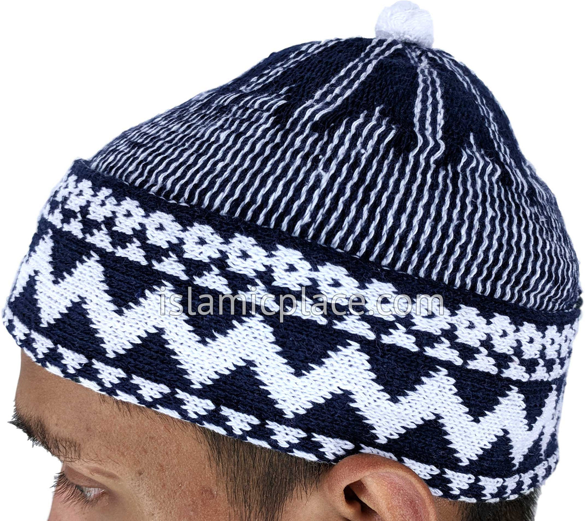 Navy Blue &amp; White - Warm Knitted Talib Zigzag Style Kufi