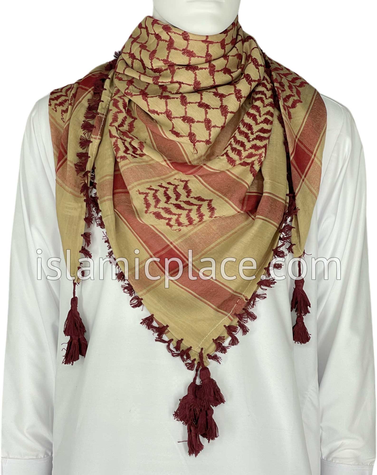 Tan and Burgundy - Traditional Style Men Scarf Kifaya