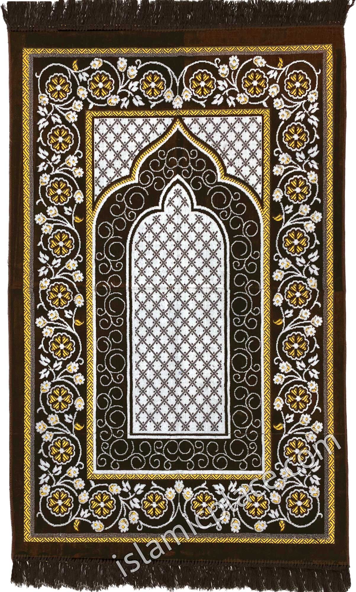 Brown Prayer Rug with Vines Border Design