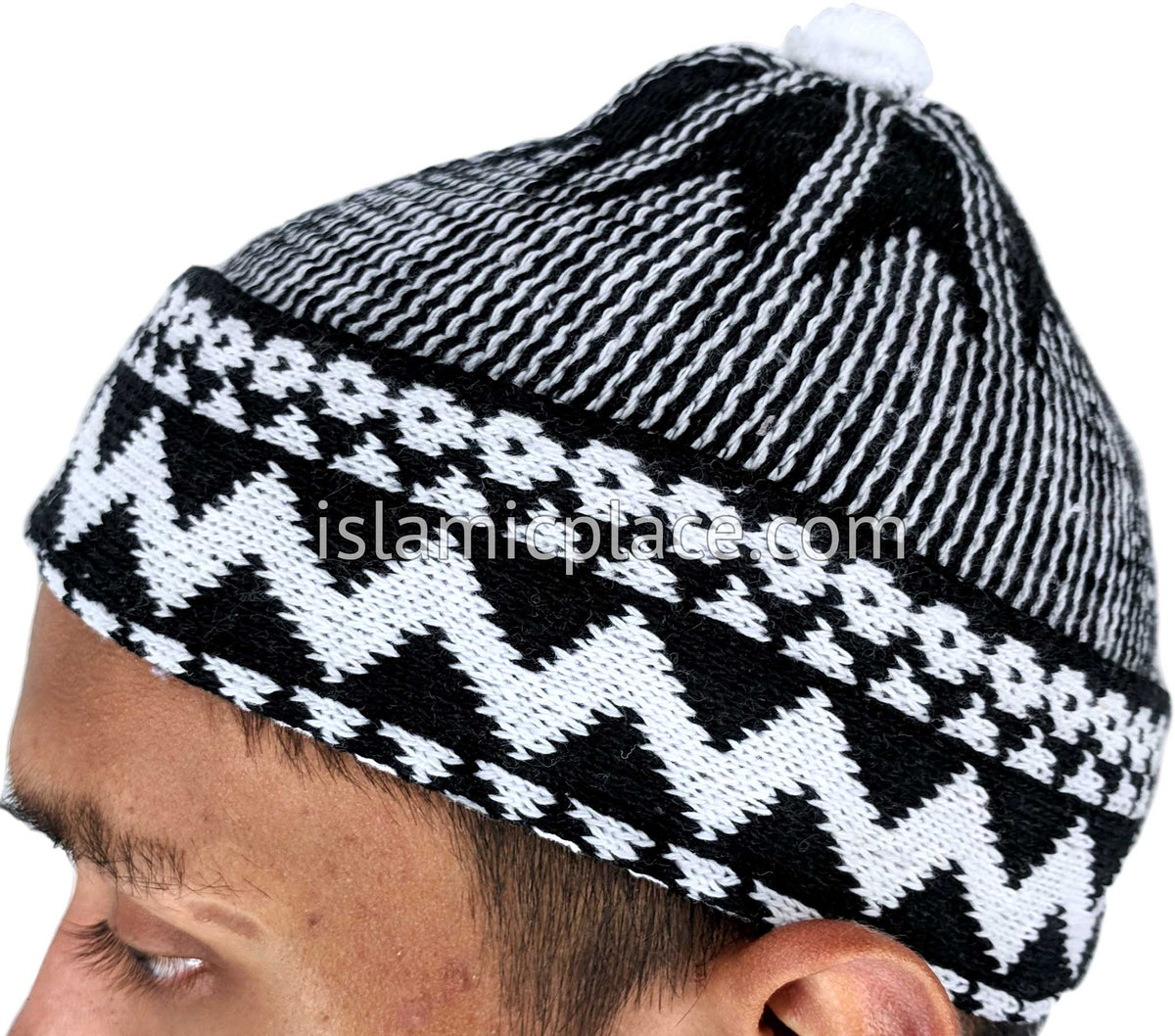 Black &amp; White - Warm Knitted Talib Zigzag Style Kufi