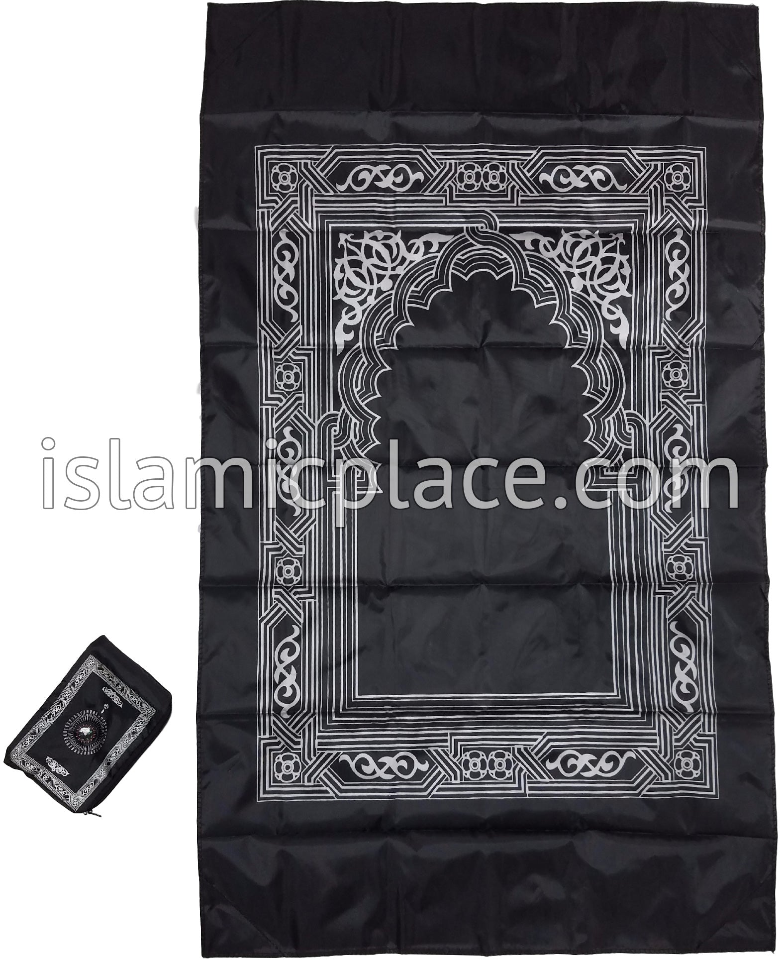 Black - Traveling Adult Prayer Rug (Pocket size in zipper cover with build-in Compass)