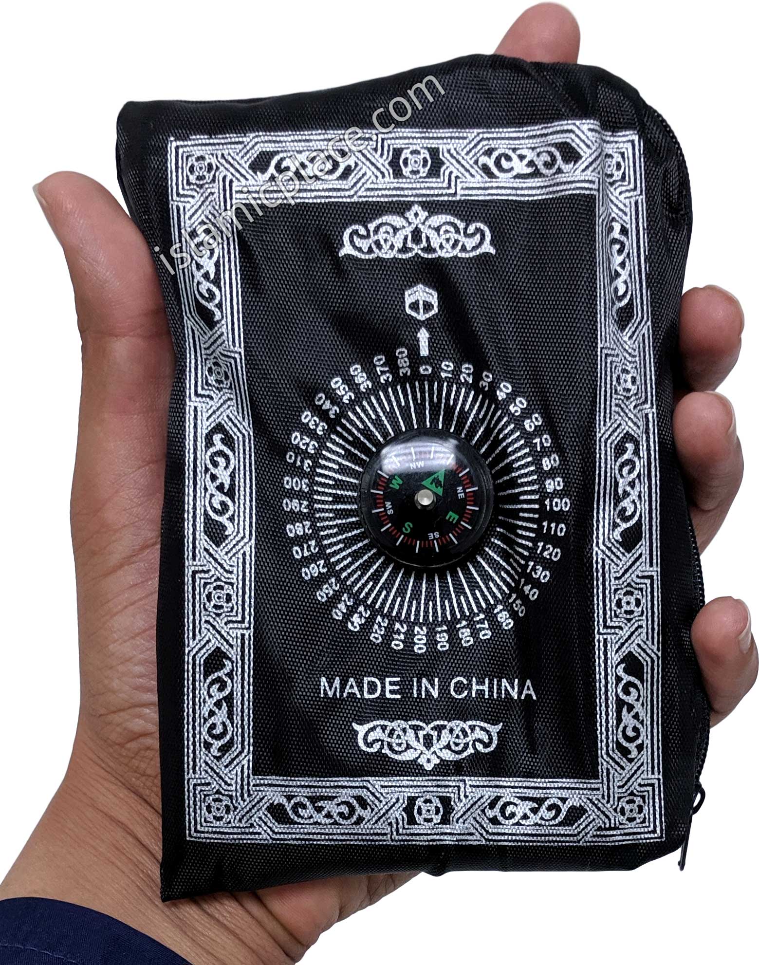 Black - Traveling Adult Prayer Rug (Pocket size in zipper cover with build-in Compass)