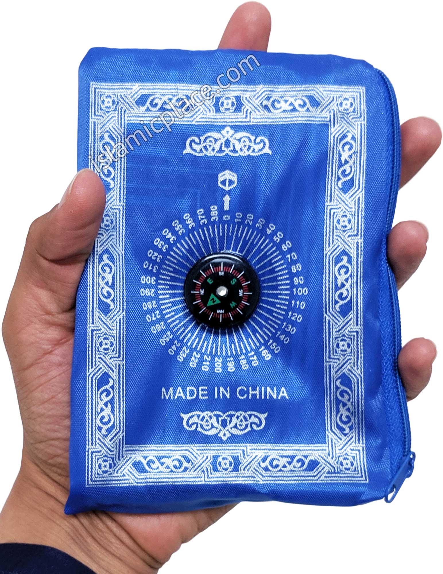 Blue - Traveling Adult Prayer Rug (Pocket size in zipper cover with build-in Compass)