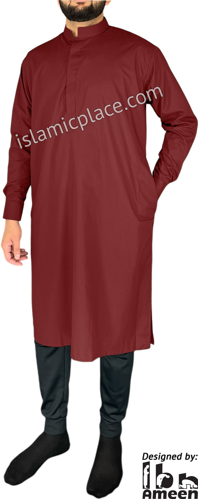 Burgundy - Men Saudi Ad-Daffah Plain Kameez by Ibn Ameen