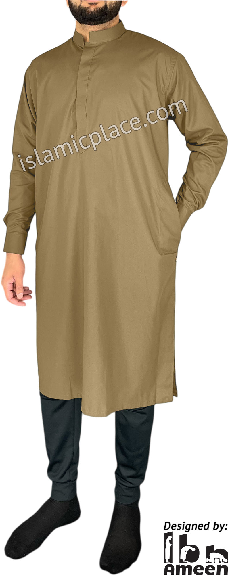 Dark Khaki - Men Saudi Ad-Daffah Plain Kameez by Ibn Ameen