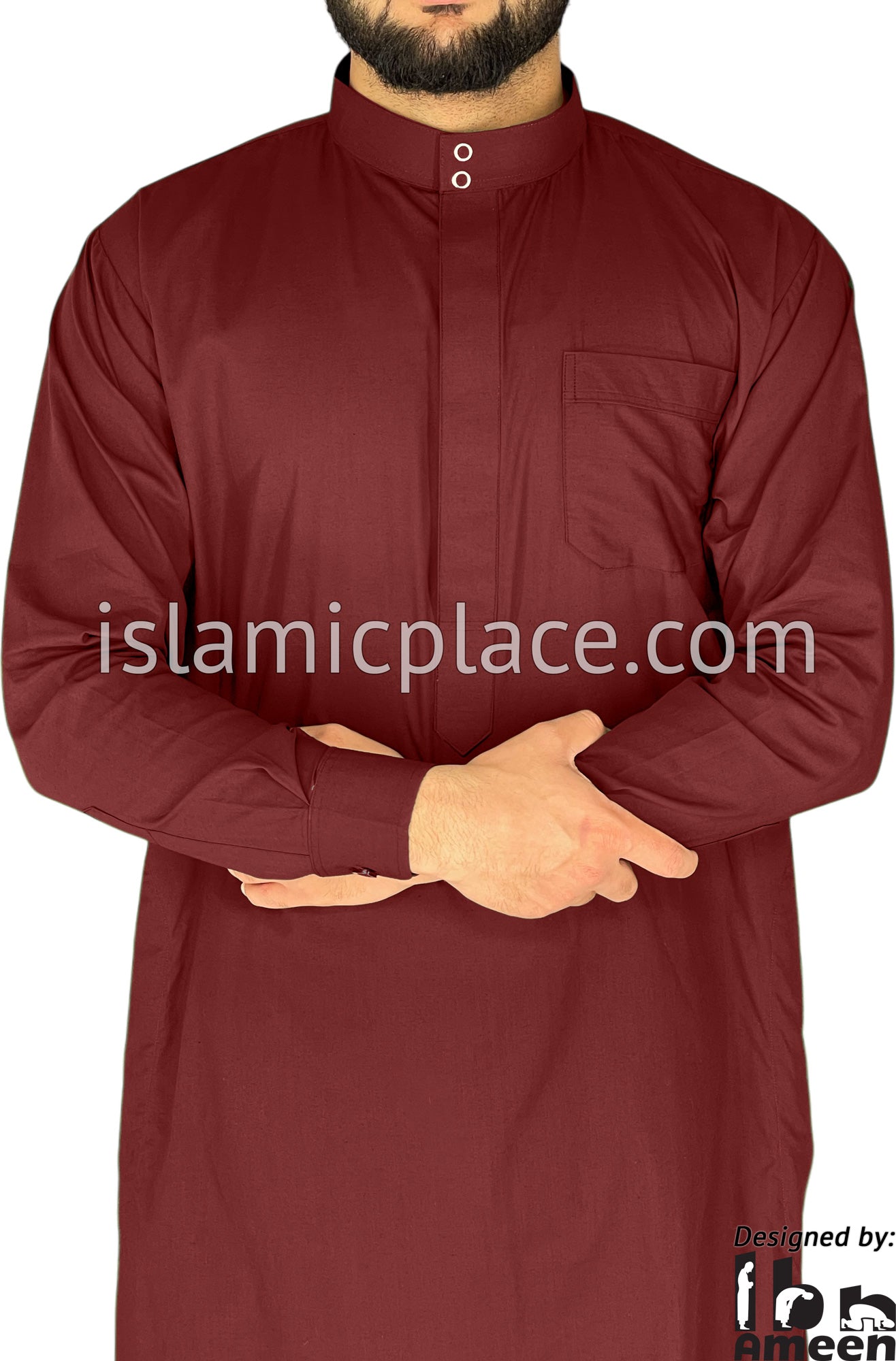 Burgundy - Men Saudi Ad-Daffah LT Thob by Ibn Ameen - IA3