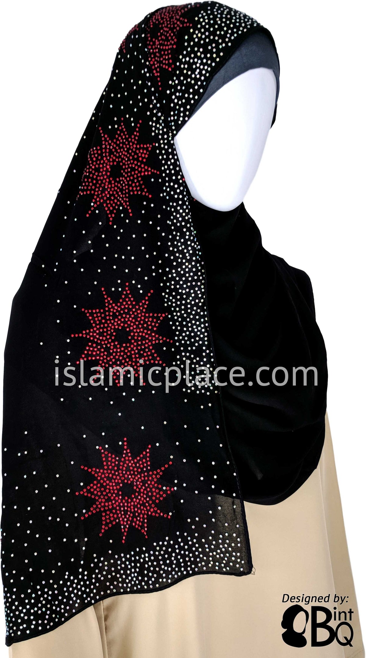 Silver with Red Burst Long Rectangle Shayla Hijab with Stones 32&quot;x72&quot;