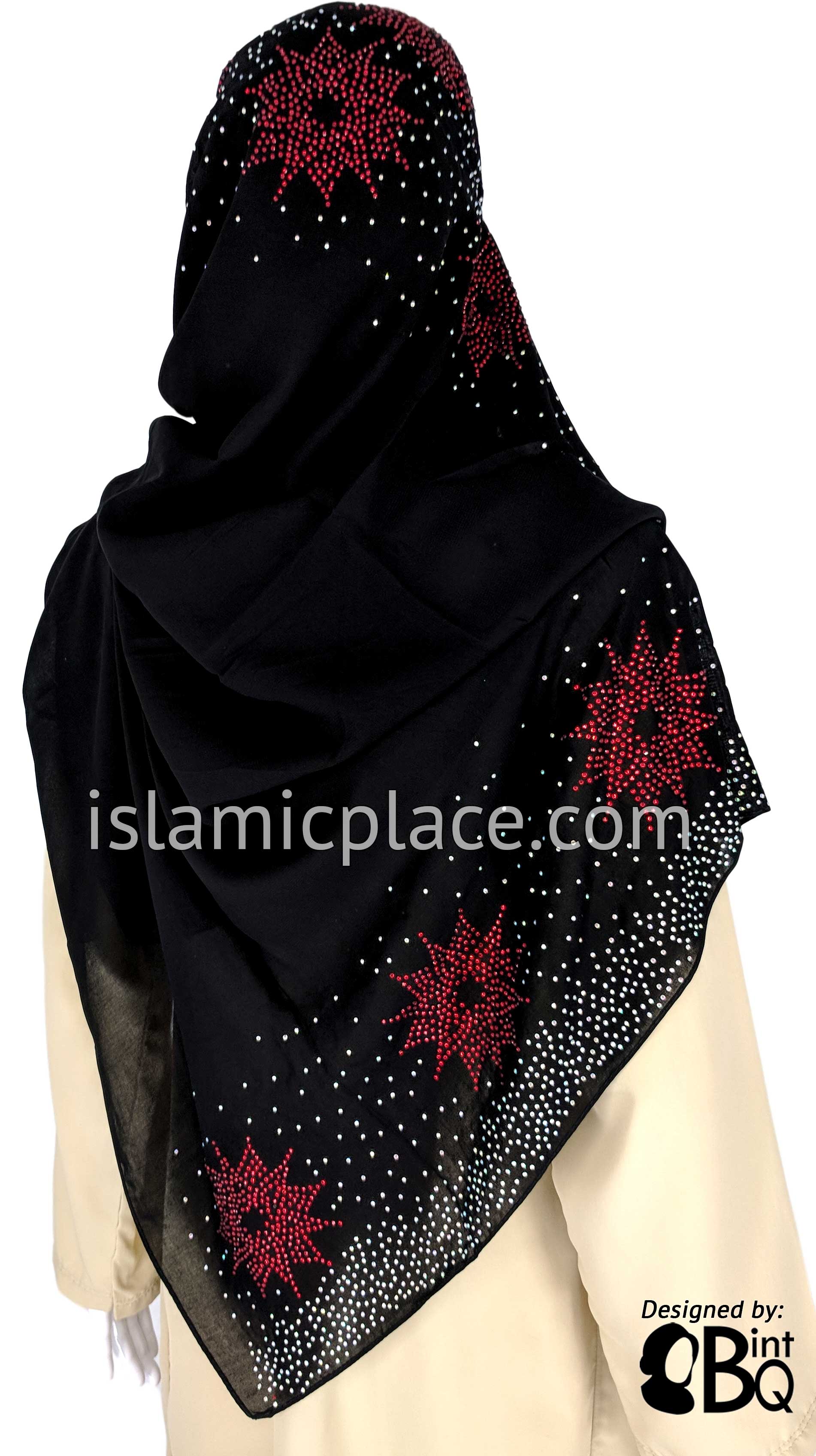 Silver with Red Burst Long Rectangle Shayla Hijab with Stones 32"x72"