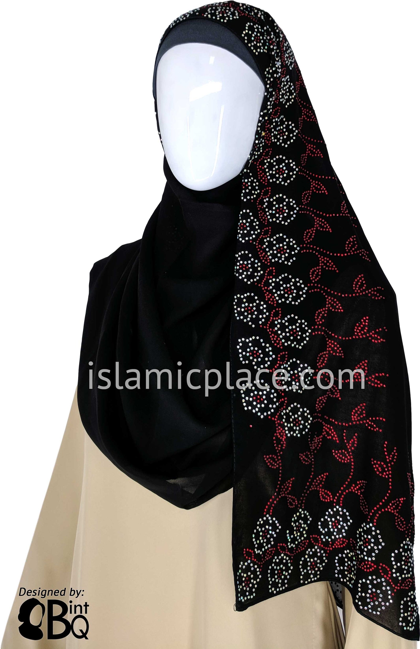 Silver Daisy on Red Stems Long Rectangle Shayla Hijab with Stones 32"x72"